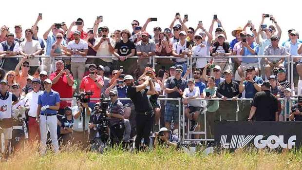 Dustin Johnson tees off during the LIV Golf Portland tournament.